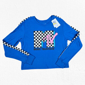 MTV Blue Checkered Graphic Print Crewneck Long Sleeve Cropped Shirt Size Medium